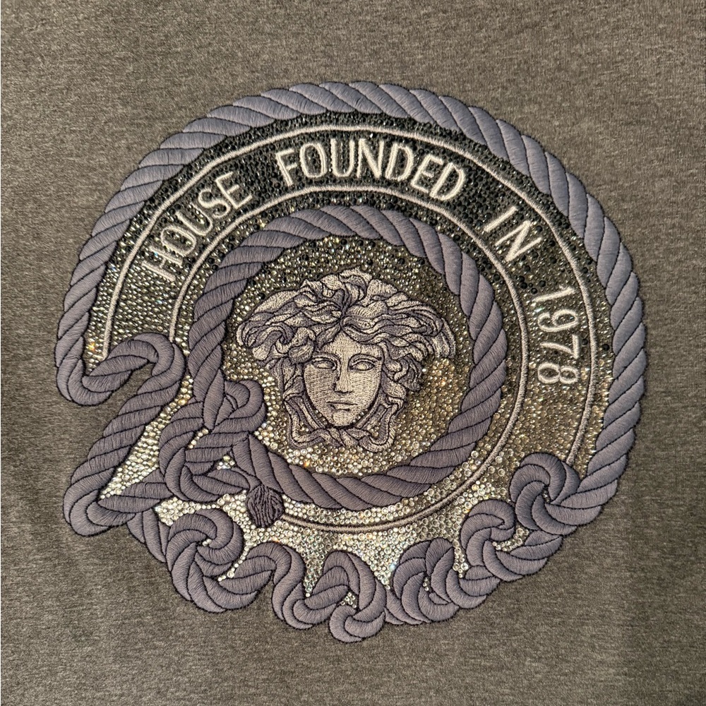 Authentic 2XL Versace Gray and Silver Medusa Embroidered Art
